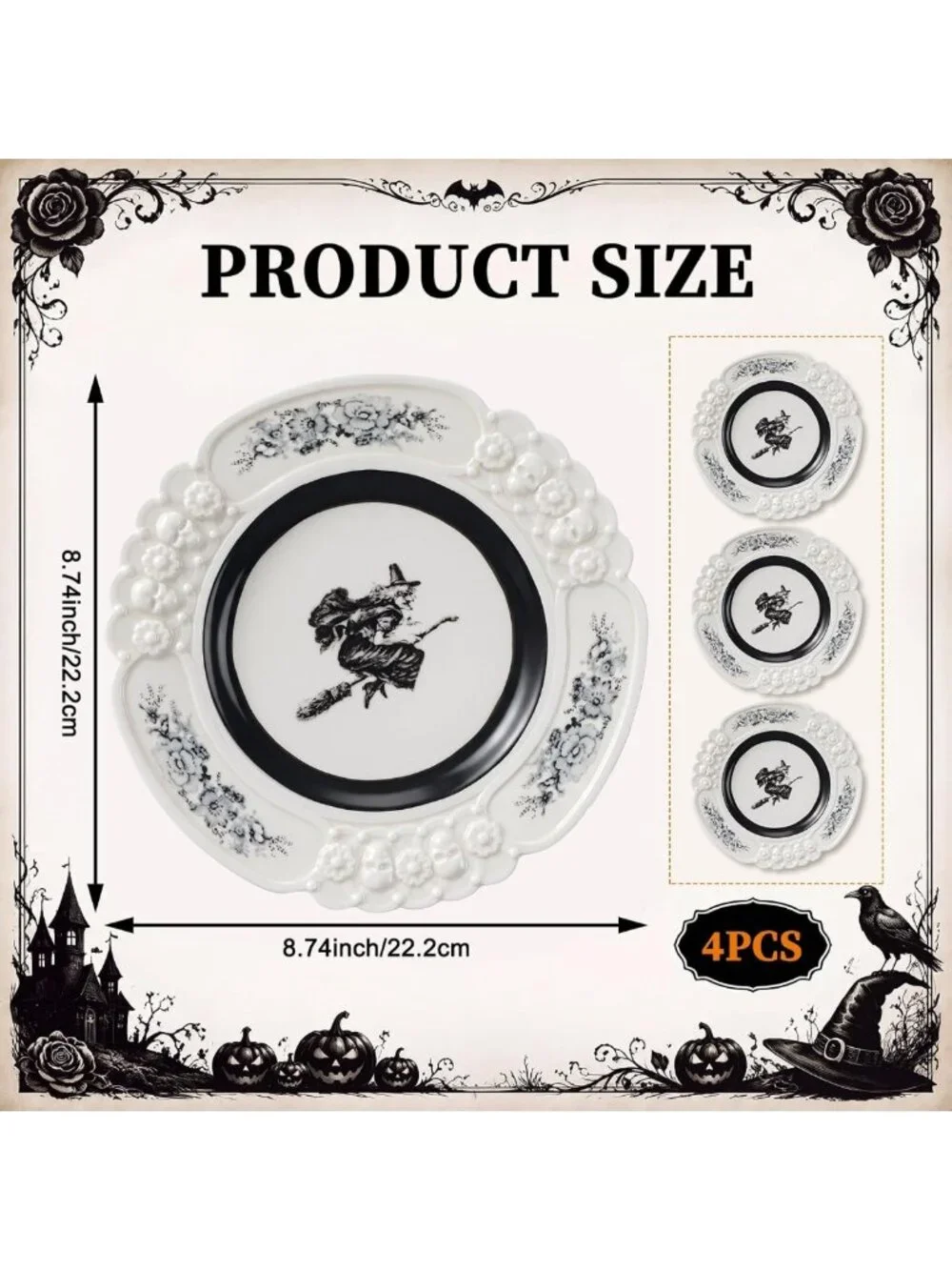 Vintage Halloween Witch Dinnerware Set - 4 Ceramic Plates for Parties & Decor